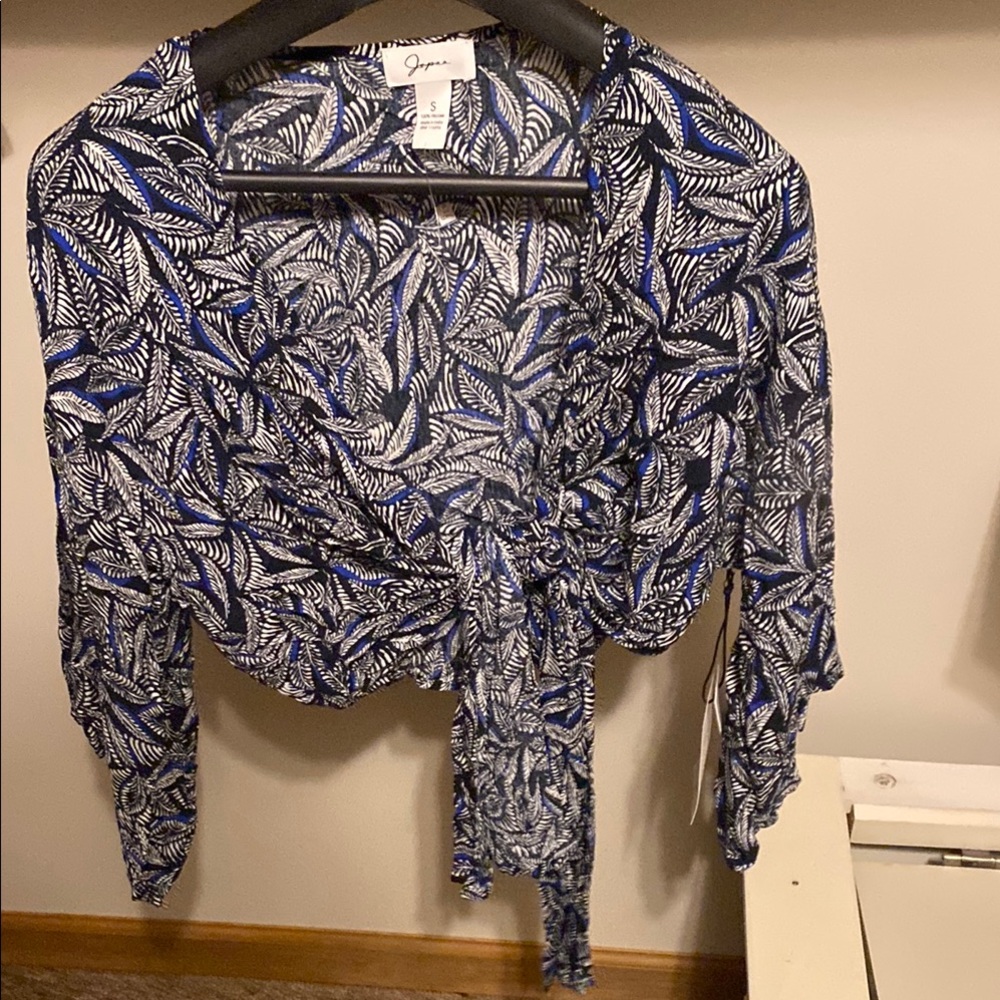 Japna Blue and White Wrap Blouse with Notched Collar